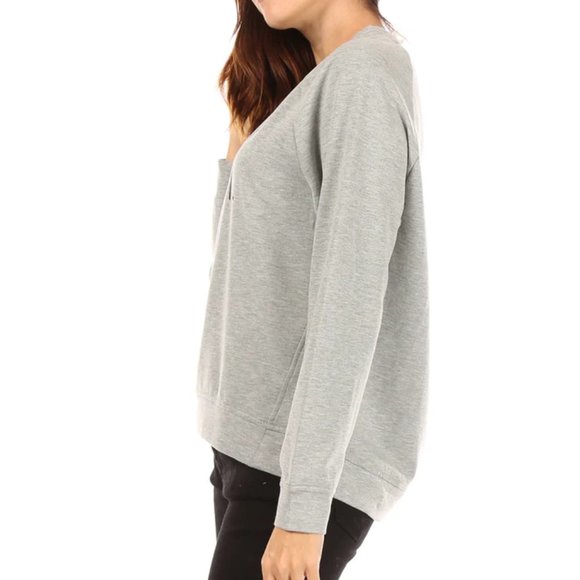 Rae Dunn Happy Studio Raglan Pullover Sweater Sweatshirt Light Heather Gray XS - Picture 2 of 7